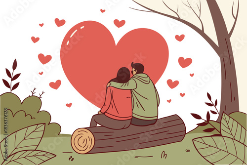 Romantic couple embracing on log, big heart and nature scene