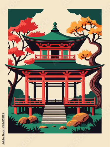 Serene Japanese pagoda temple in an autumn landscape, a flat vector illustration concept for travel and culture