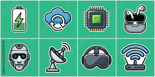 Advanced Digital Technology Icon Set with Smart Devices Battery Energy Cloud Computing Microchip Robotics VR Headset and Satellite Dish for AI and Future Connectivity Themes