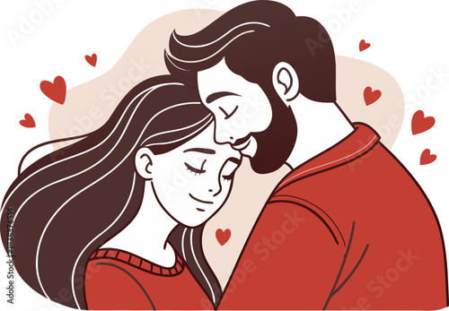 Happy couple embracing with hearts, showing love and affection.