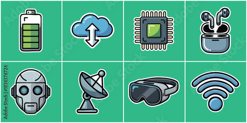 Future Technology Icon Collection Featuring Digital Devices Battery Power Cloud Computing Microchip Robot AI VR Headset and Satellite Dish for Smart Network and Innovation Concepts