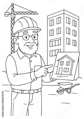 Coloring book Father architect supervising building site with clipboard