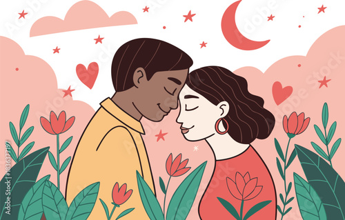 Diverse couple in love amidst flowers, stars, and crescent moon.