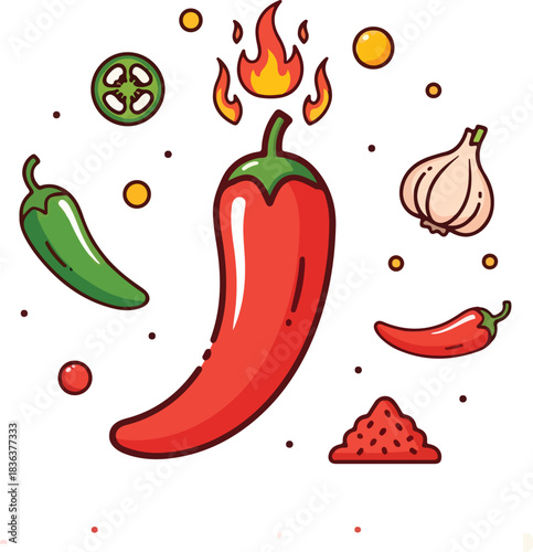 Celebrate international hot and spicy food day with fiery chili peppers and flavorful garlic icons