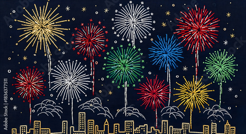 A vibrant embroidered style illustration of a festive fireworks display lighting up the dark night sky above a city silhouette