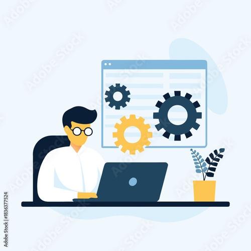 Asian man in glasses works on laptop with gears and potted plant near
