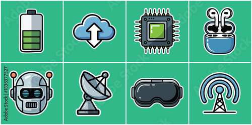 High Tech Digital Device Icons Featuring Battery Power Cloud Computing Microchip Robot Intelligence VR Headset and Satellite Dish for Future Innovation and Smart Communication
