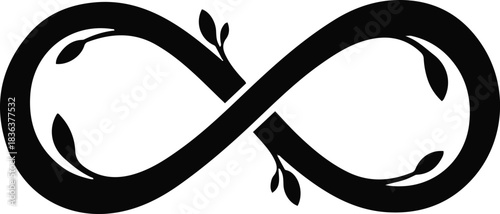 A stylized black silhouette vector illustration of an infinity symbol intertwined with delicate leaves and vines, representing eternal growth, nature, and sustainability.