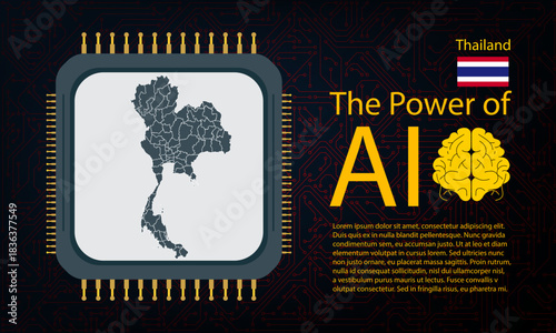 thailand map with microchip war and AI concept on circuit board, Power of AI with country map. Global connectivity with big data.
