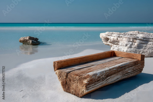 Tranquil Beachscape with Driftwood Bench and Pristine Turquoise Waters