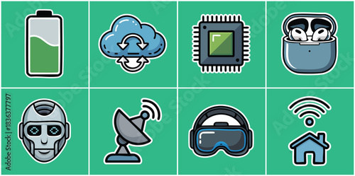 Modern Technology and Digital Device Icon Set with Battery Cloud Computing Microchip Robot Head VR Headset and Satellite Dish for AI Innovation and Future Smart Communication Systems