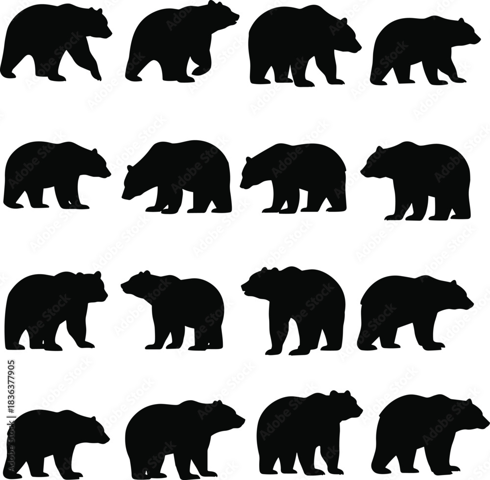 Naklejka premium Bear silhouette puzzle collection, black animal poses, visual recognition challenge, wildlife shape comparison, cognitive exercise design, pattern identification illustration