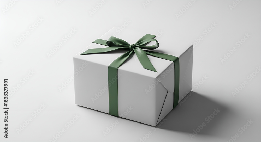 Obraz premium A neatly wrapped white gift box tied with a green ribbon, casting a subtle shadow on a plain white background, perfect for celebrations and special occasions