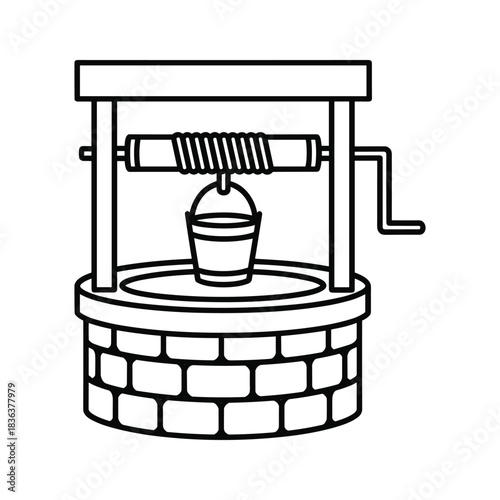 Water Well with Bucket and Crank Line Art Icon