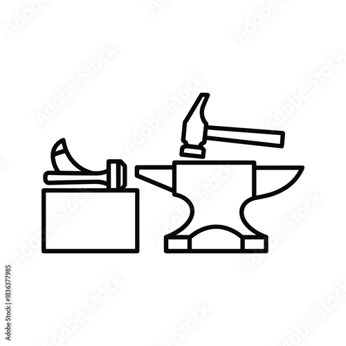 Blacksmith Anvil and Hammer Line Art Icon