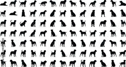 Black dog silhouette collection, various breed poses, pet icon set, animal graphic design, canine posture illustrations, vector dog shapes