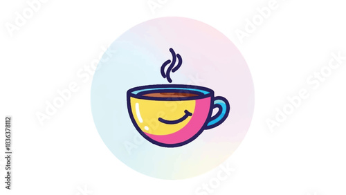 Cute Coffee Cup with Smiley Face and Steam.