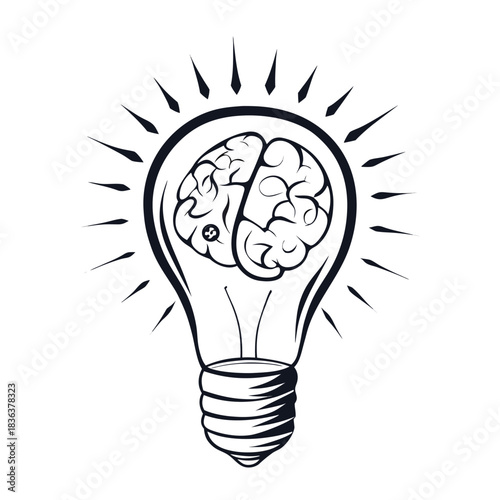 Brain displayed inside a light bulb, a line drawing emitting light rays