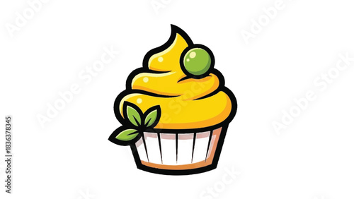 Yellow Cupcake with Green Garnish and Swirl Frosting.