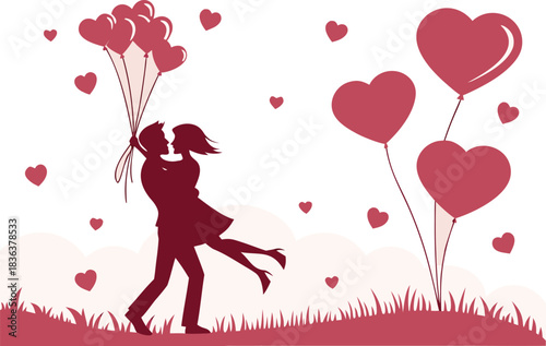 Romantic couple embracing, holding heart balloons, vector art