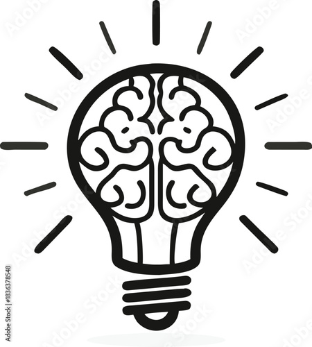 Bulb with human brain inside it radiates lines of energy on white background