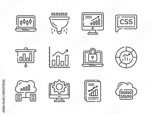 Data Science and Development Line Icons. Charts, CSS Coding, Secured Data, and Graphs - Streamline Data analysis and Workflow management