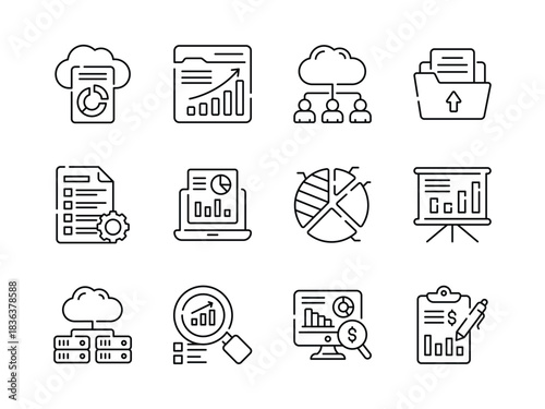 Data Analysis and Reporting Line Icons. Charts, Graphs, Reports, and Magnifying glass- Streamline Reporting and Business analysis