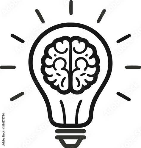 Brain icon inside lightbulb illustrates mental power, creative solution, or strong idea effectively represented