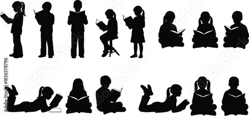 Children reading silhouette collection, black educational poses, childhood literacy illustration, book engagement design, learning posture reference, student activity graphics