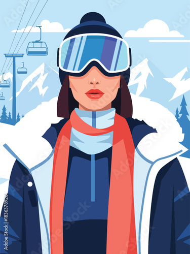 Flat modern illustration of a fashionable woman wearing ski goggles and parka at a snowy mountain resort. Ideal for travel lifestyle, sporty fashion, and outdoor winter themes