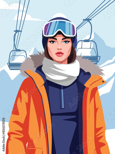 Flat modern illustration of a fashionable woman wearing ski goggles and parka at a snowy mountain resort. Ideal for travel lifestyle, sporty fashion, and outdoor winter themes
