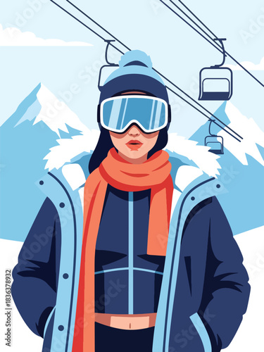 Flat modern illustration of a fashionable woman wearing ski goggles and parka at a snowy mountain resort. Ideal for travel lifestyle, sporty fashion, and outdoor winter themes