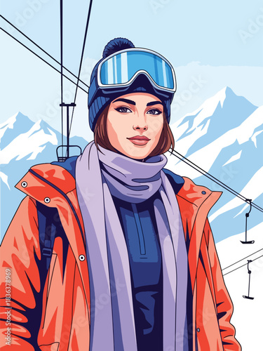 Flat modern illustration of a fashionable woman wearing ski goggles and parka at a snowy mountain resort. Ideal for travel lifestyle, sporty fashion, and outdoor winter themes