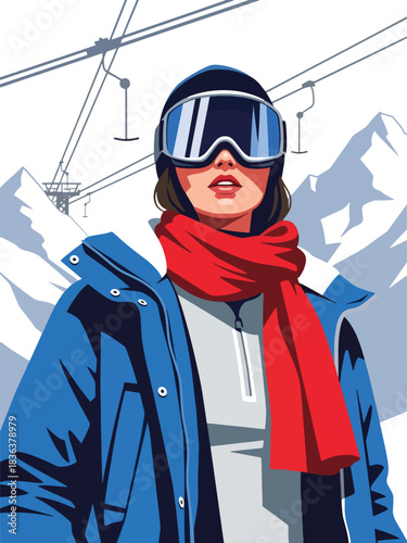 Flat modern illustration of a fashionable woman wearing ski goggles and parka at a snowy mountain resort. Ideal for travel lifestyle, sporty fashion, and outdoor winter themes