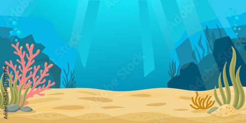 Cartoon colorful underwater landscape with sea plants and corals vector illustration.