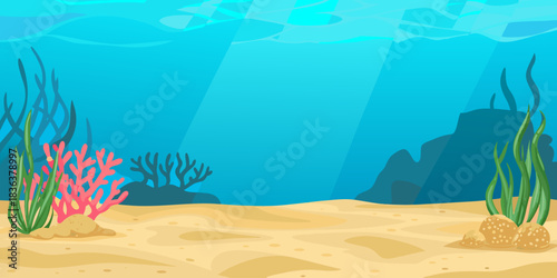 Cartoon colorful underwater landscape with sea plants and corals vector illustration.