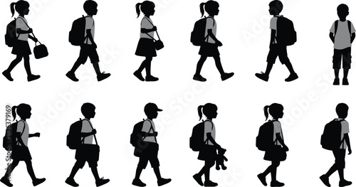 Children walking with backpacks, school silhouettes, lunchboxes, toys, everyday student activity, education concept, standing poses, casual movement, youth