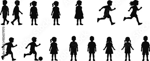 Children silhouettes walking, running, playing, black vector illustration, boys and girls, motion, posture, hairstyle, child activity, outdoor design