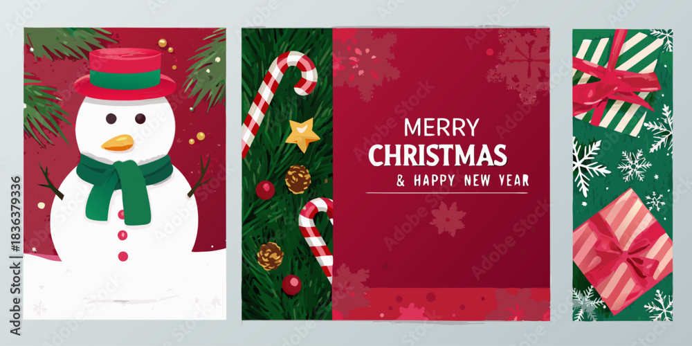 Fototapeta premium Christmas poster clipart set. Merry Christmas greeting text clip art with Xmas decoration elements in colorful background. 