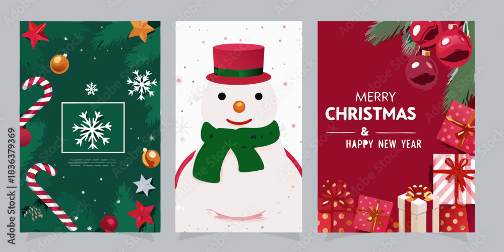 Fototapeta premium Christmas poster clipart set. Merry Christmas greeting text clip art with Xmas decoration elements in colorful background. 