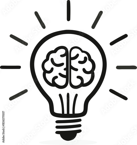 Black outline of brain inside a lightbulb with rays radiates innovation inspiration