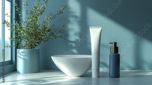 Modern cosmetic display, daylight, indoor, plant, bowl, tube, bottle