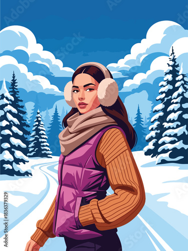 Flat illustrated portrait of a woman wearing earmuff headphones, knitted beanie, and winter vest while walking through snowy trees. Ideal for winter outdoor fashion themes