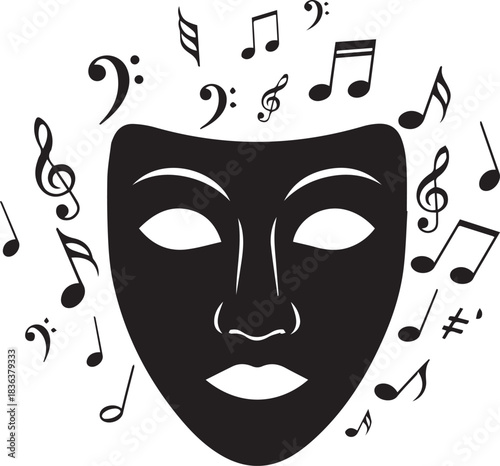 Black theatrical mask surrounded by musical notes and clefs