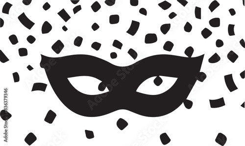 Black masquerade mask with falling confetti on white background