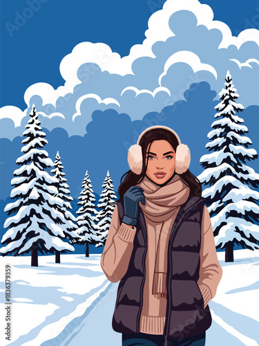 Flat illustrated portrait of a woman wearing earmuff headphones, knitted beanie, and winter vest while walking through snowy trees. Ideal for winter outdoor fashion themes