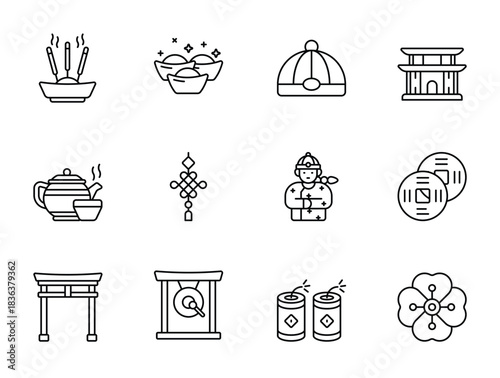 Chinese New Year Traditions Line Icons: Incense, Gold Ingots, Traditional Hat, Temple, Tea Set & More - Celebrate the Lunar New Year with Authentic Cultural Symbols