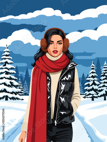 Flat illustrated portrait of a woman wearing earmuff headphones, knitted beanie, and winter vest while walking through snowy trees. Ideal for winter outdoor fashion themes