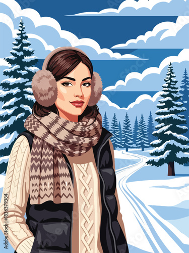 Flat illustrated portrait of a woman wearing earmuff headphones, knitted beanie, and winter vest while walking through snowy trees. Ideal for winter outdoor fashion themes