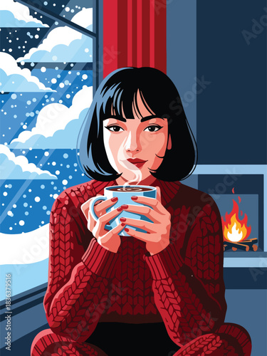 Flat winter portrait of a woman relaxing indoors with hot chocolate while wearing a chunky sweater and warm socks. Ideal for cozy lifestyle, winter comfort, and holiday content